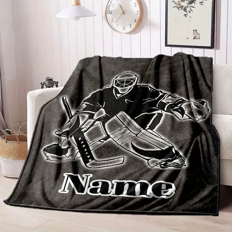 1 coperta da hockey nera personalizzabile: morbida, calda e accogliente, con design per giocatore di hockey per la casa, l'ufficio
