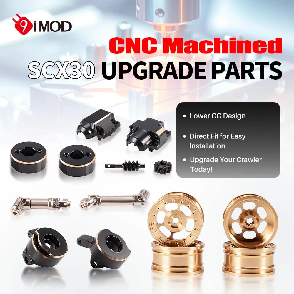 9IMOD upgrade parts for Axial SCX30: Brass hubs, drive shaft, axle weights, gears and front wheel covers