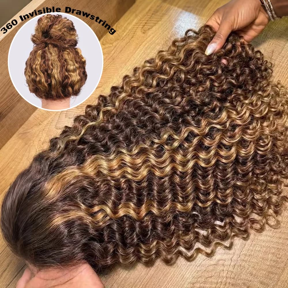 220 Density P427 Honey Blonde 360 Full Lace Wig Highlight Curly Human Hair Pre-Plucked Deep Wave 360 Lace Wig Invisible Drawstring Strap Lace Frontal Wig 34 Inch
