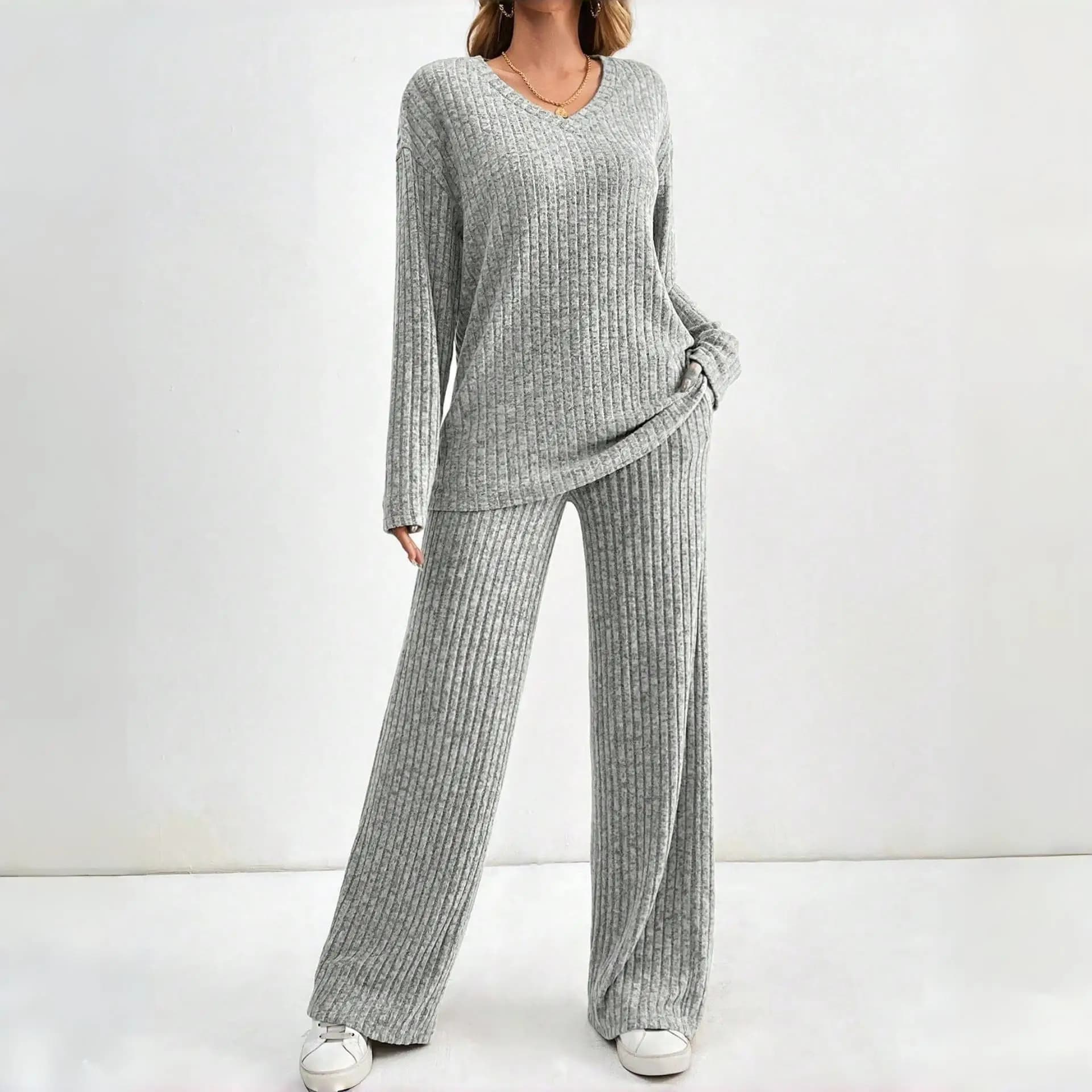 Women's V-Neck Long Sleeve Straight Pocket Long Pants Thickened Autumn Home Clothes Men's Underwear Sleepwear Bathrobe