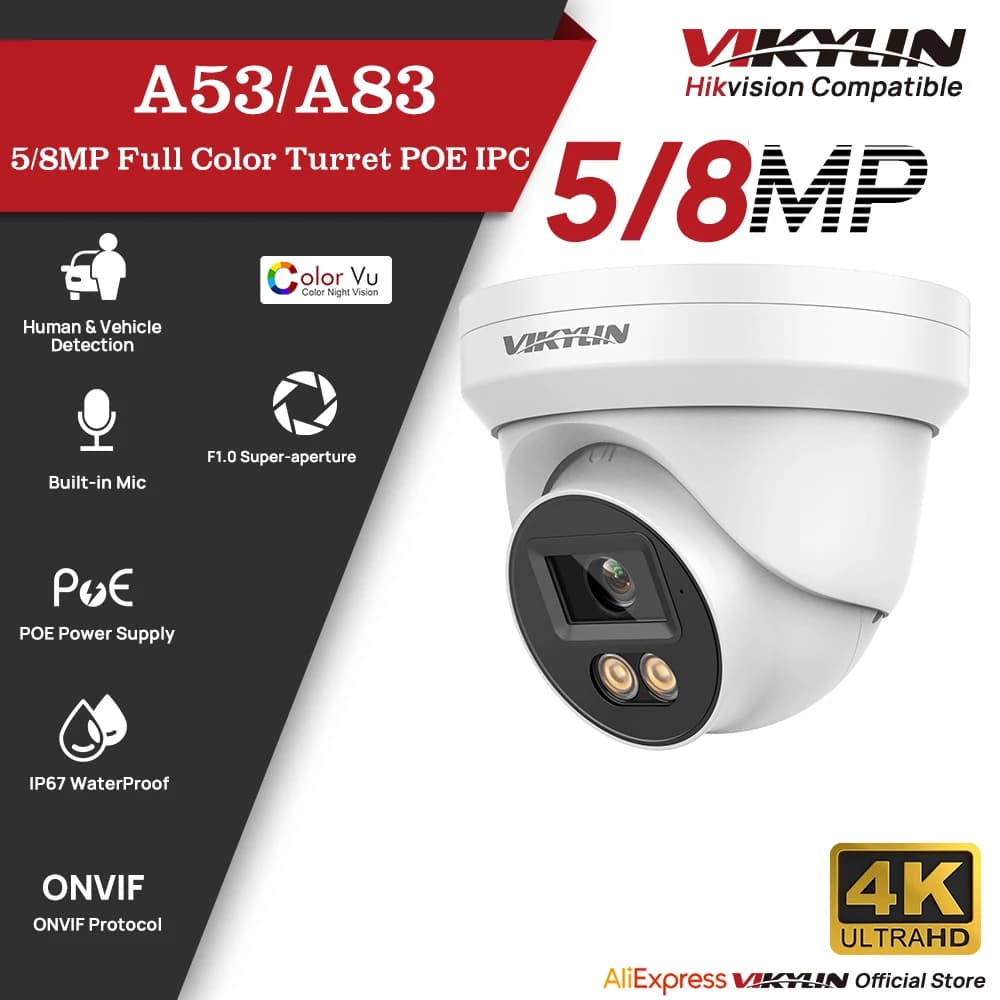 Telecamera di Sicurezza IP VIKYLIN 4/8MP HD, PoE 4K a Colori Completi con Audio, Rilevamento Umano e Veicolare, Supporto Archiviazione SD, ONVIF, IP67