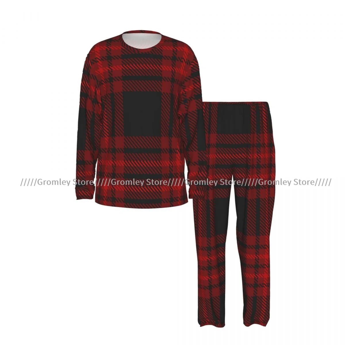 Men's Long Sleeve Long Pants Pajama Set Burgundy And Black Plaid Casual Loungewear and Sleepwear for Home