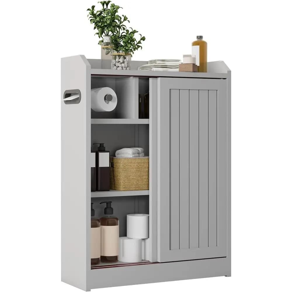 Mobiletto da Bagno Salvaspazio Grigio con Porta Scorrevole, Ripiani Regolabili e Porta Carta Igienica, 31,5x23,6x7,9 Pollici