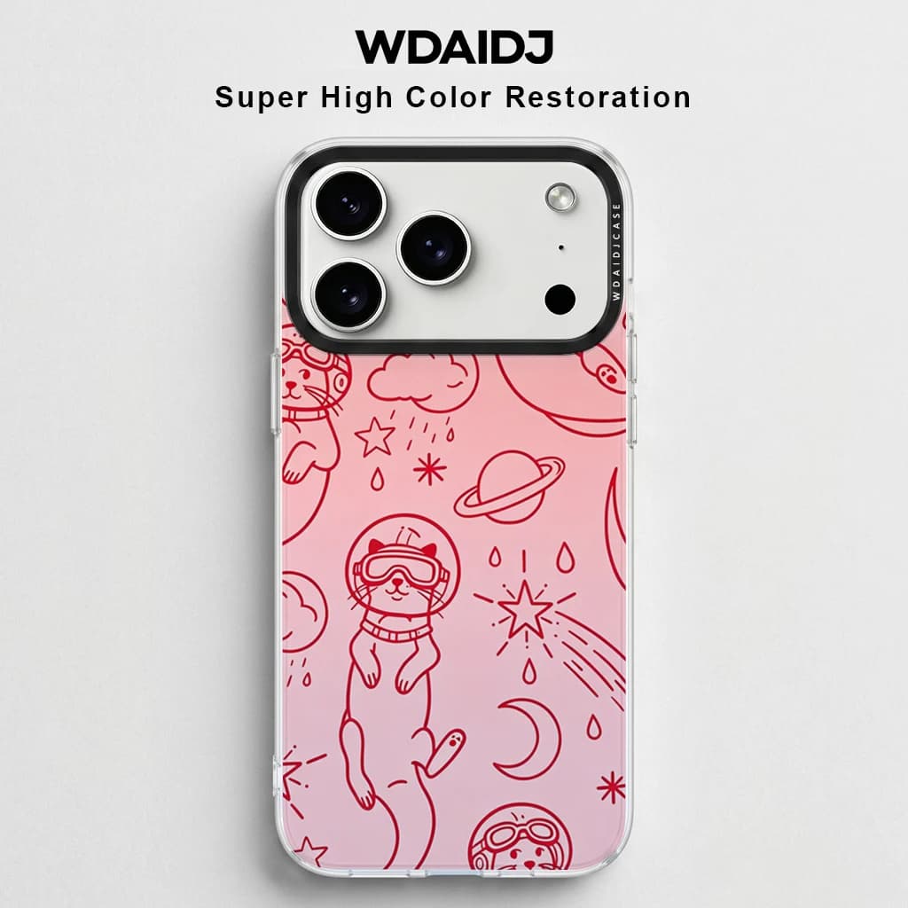 Cover Trasparente Anti-Caduta con Stampa Gatto Astronauta Carino su Sfondo Rosa Sfumato per iPhone 17 16 15 14 13 - Design Fantasioso Spaziale
