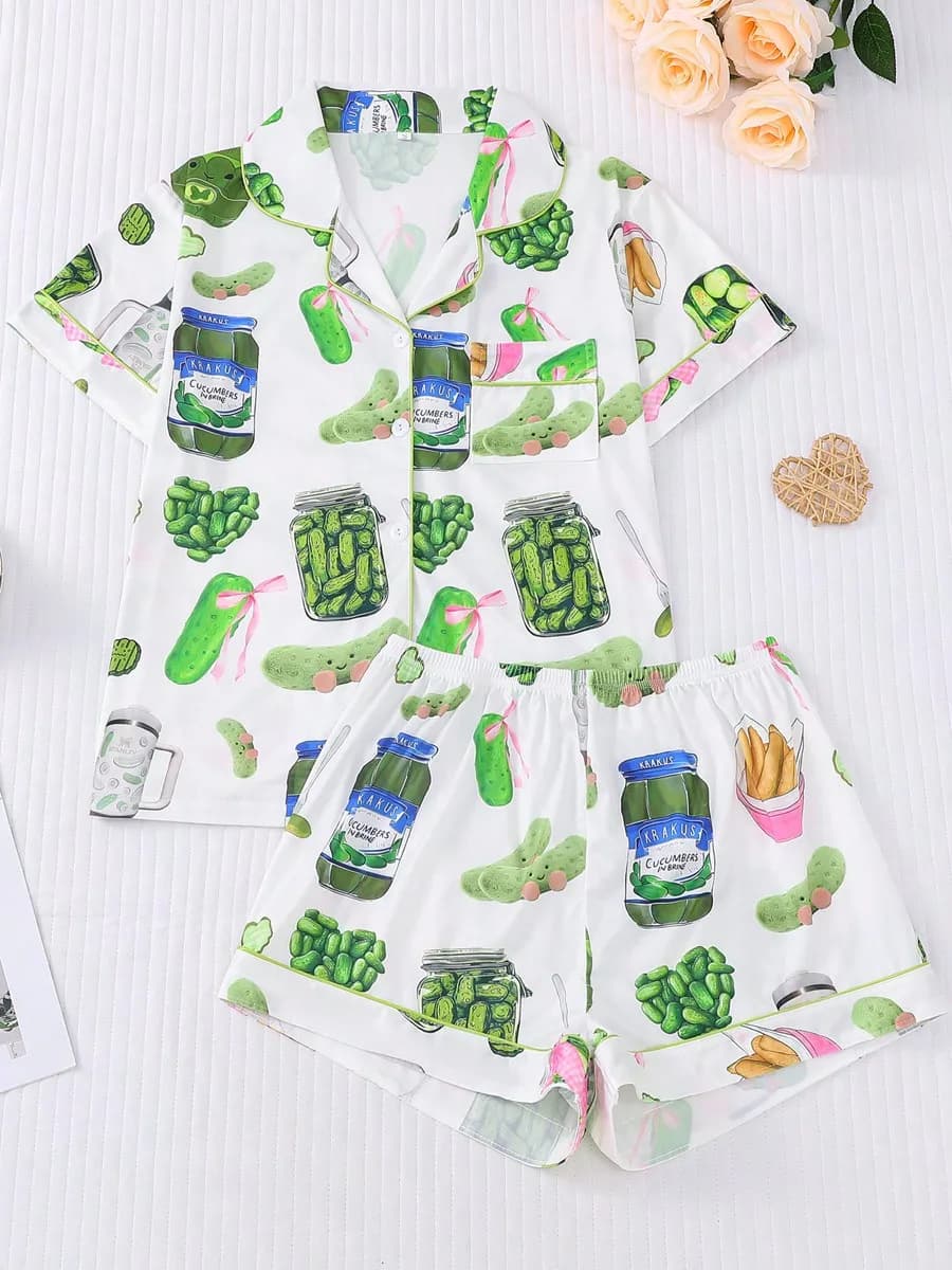 Pigiama da donna in 2 pezzi con stampa Pickle & Snack, top a maniche corte con bottoni + pantaloncini elasticizzati
