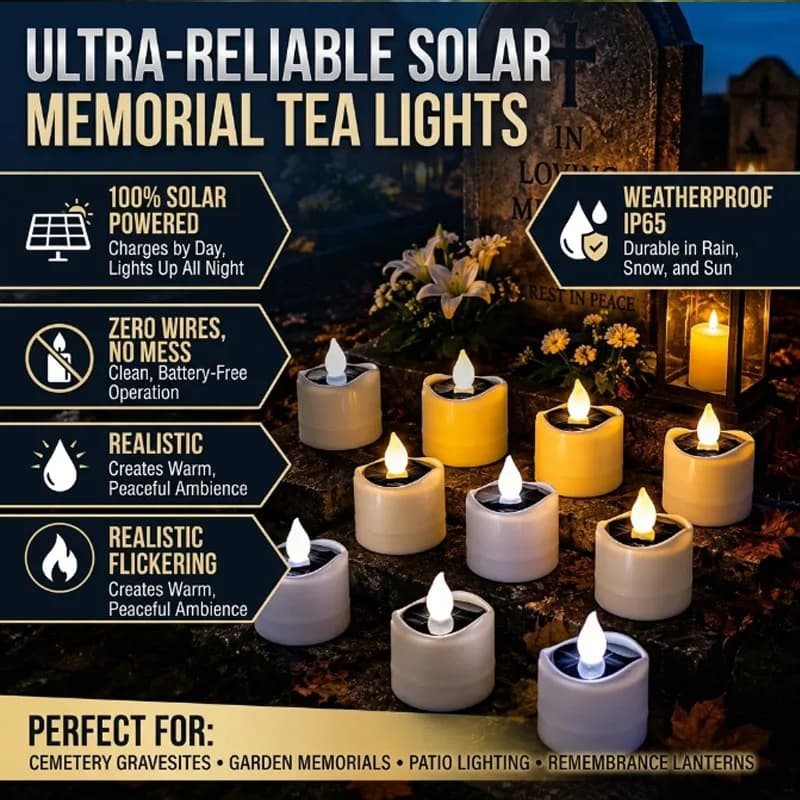 Solar Powered LED Candle Light, Waterproof Flameless Flickering Lamp for Cemetery Grave Decoration and Memorial Tribute