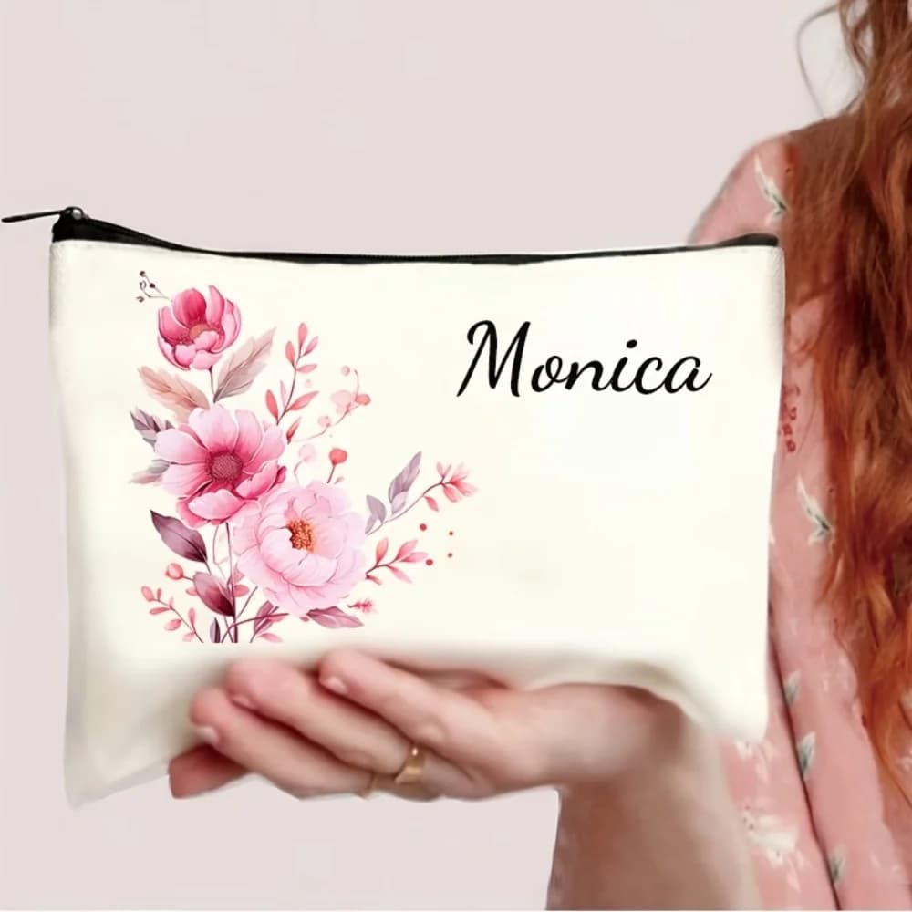1Pc Custom Name/Text Floral Parttern Makeup Bag Double Sided Printed Cosmetic Pouch Travel Toiletry Organizer Storage Bags