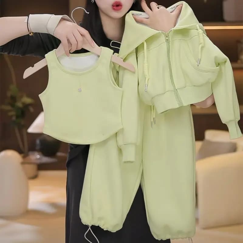 Completi per bambini Set da 3 pezzi Verde Abbigliamento primaverile e autunnale per ragazze Nuovo gilet + giacca corta con cappuccio + pantaloni Tuta per bambini 2-11 anni