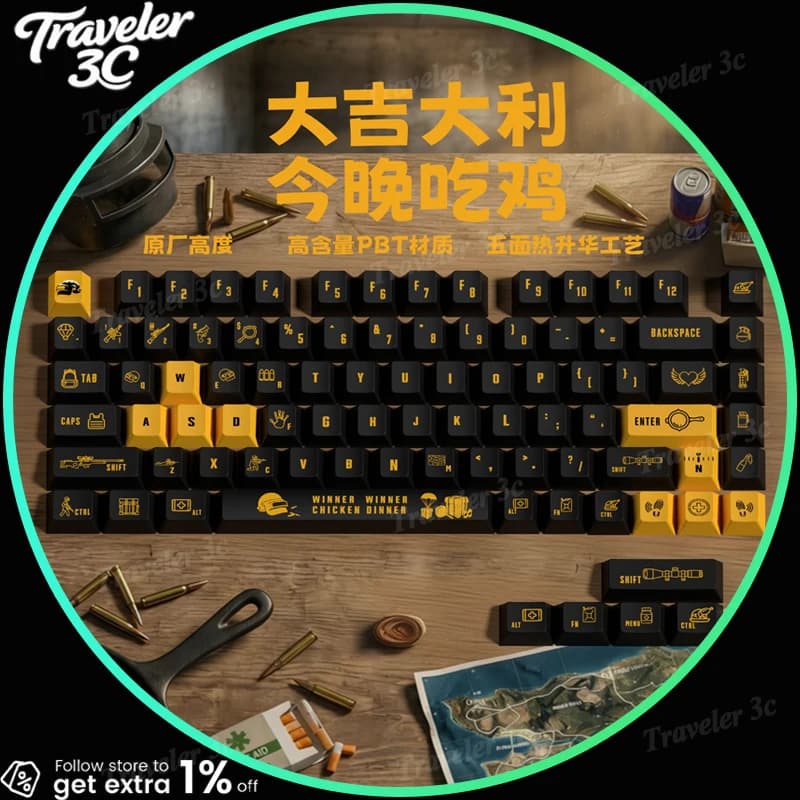 Keycaps PBT personalizzati a tema PUBG con sublimazione, profilo Cherry, per tastiera meccanica layout 75%, accessorio per gaming, idea regalo per PC