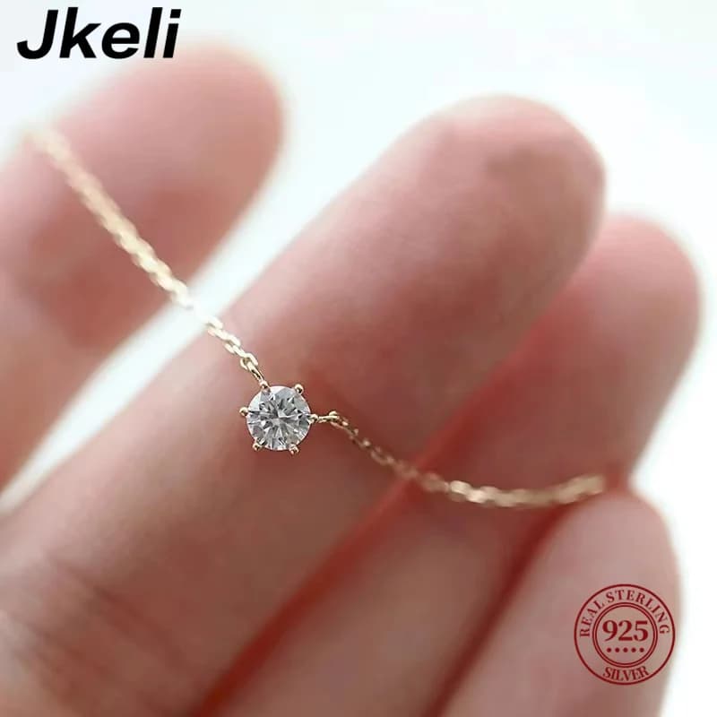 Jkeli Collana in argento sterling 925 placcato oro 18 carati Collana singola con zirconi scintillanti per le donne Gioielli da sposa collares