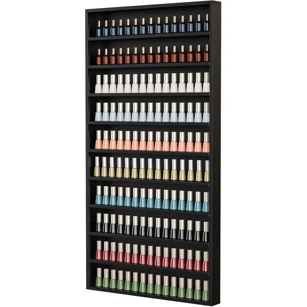 10-Tier Wooden Nail Polish Wall Mount Organizer - Holds 200 Bottles, Acrylic Barrier, Ideal for Home Spa & Nail Studio