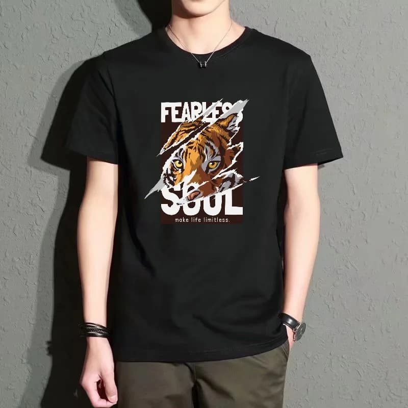 Men's Black Round-Neck Short-Sleeved T-Shirt with Tiger Pattern Print, Street Fashion Top, Casual and Versatile for Everyday Wear, Breathable, Comfortable, Loose Fit