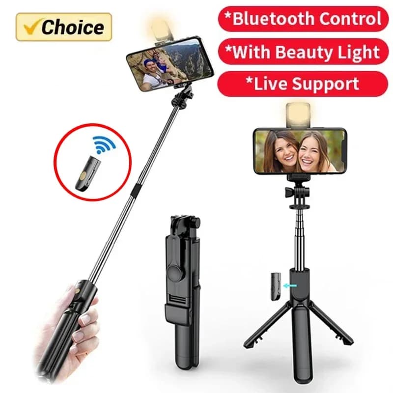 Selfie Stick wireless with tripod and light, Bluetooth remote control, extendable for iPhone, mobile phone, live stream TikTok