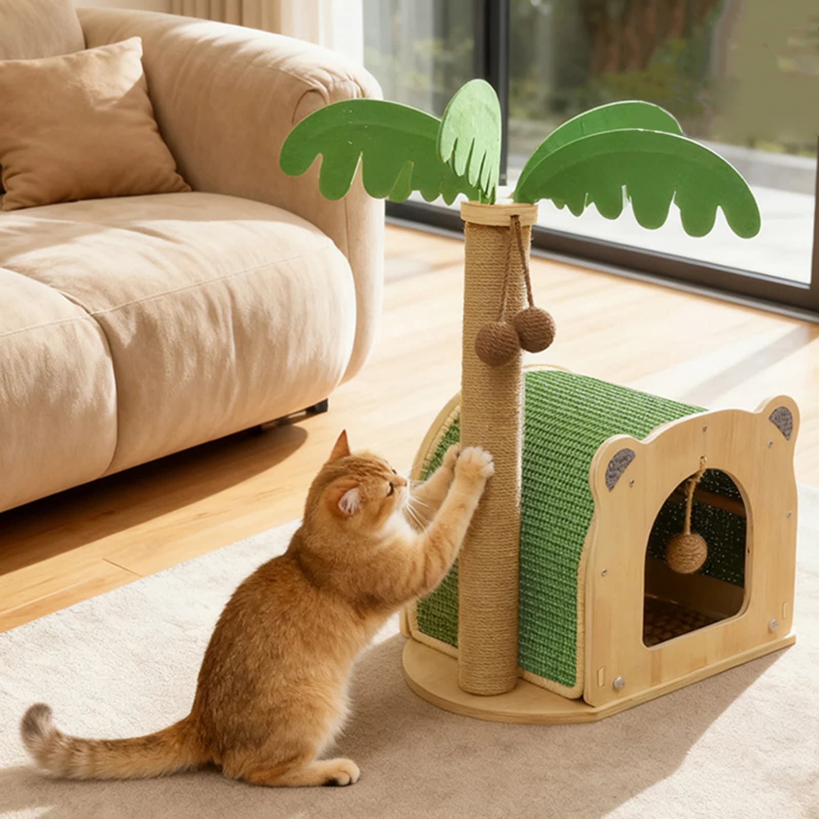 Tiragraffi per Gatti in Legno a Forma di Albero di Cocco con Palline Appese e Pali in Sisal per Gattini e Gatti