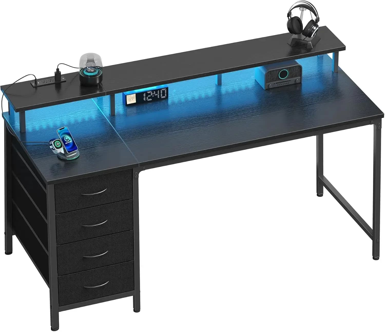 Scrivania da Gaming Nera da 39 Pollici con Quattro Cassetti, Prese di Corrente, Luci LED e Ripiano per Monitor, per Casa, Ufficio, Camera da Letto, Studio