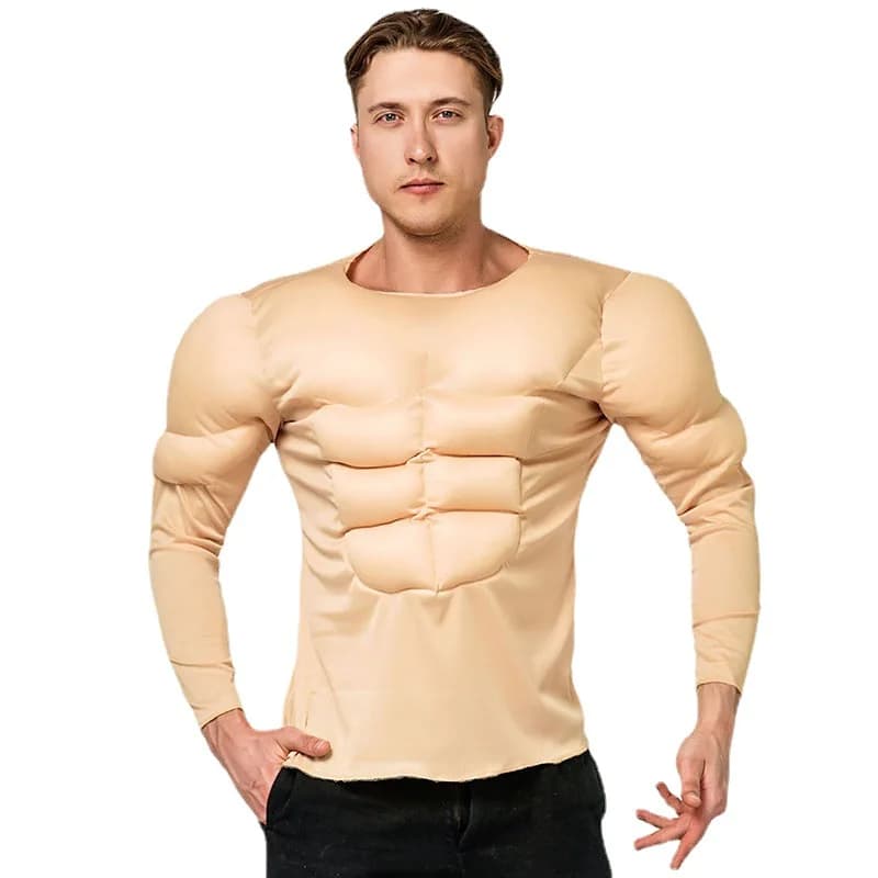 Muscle Man T-shirt Cosplay Costumes False Abdominal Muscles Top Halloween Masquerade Party Performance Clothes for Adult Men