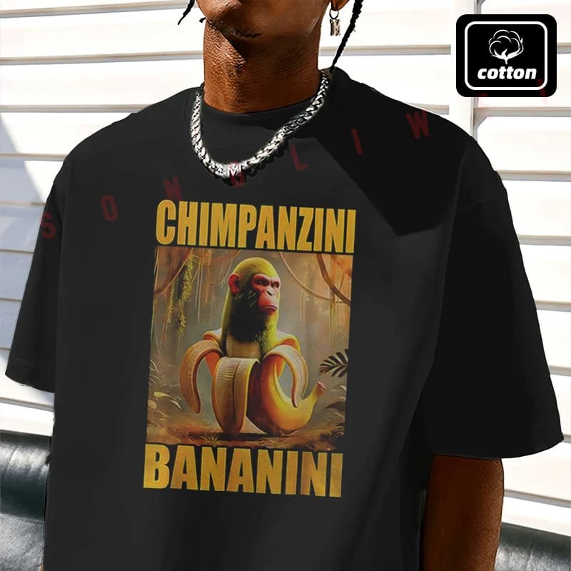 Men's Cotton T-Shirt Chimpanzini Bananini Italian Brainrot Meme Boys Gilrs Moto Tshirt Men's Casual Short Sleeve Tee