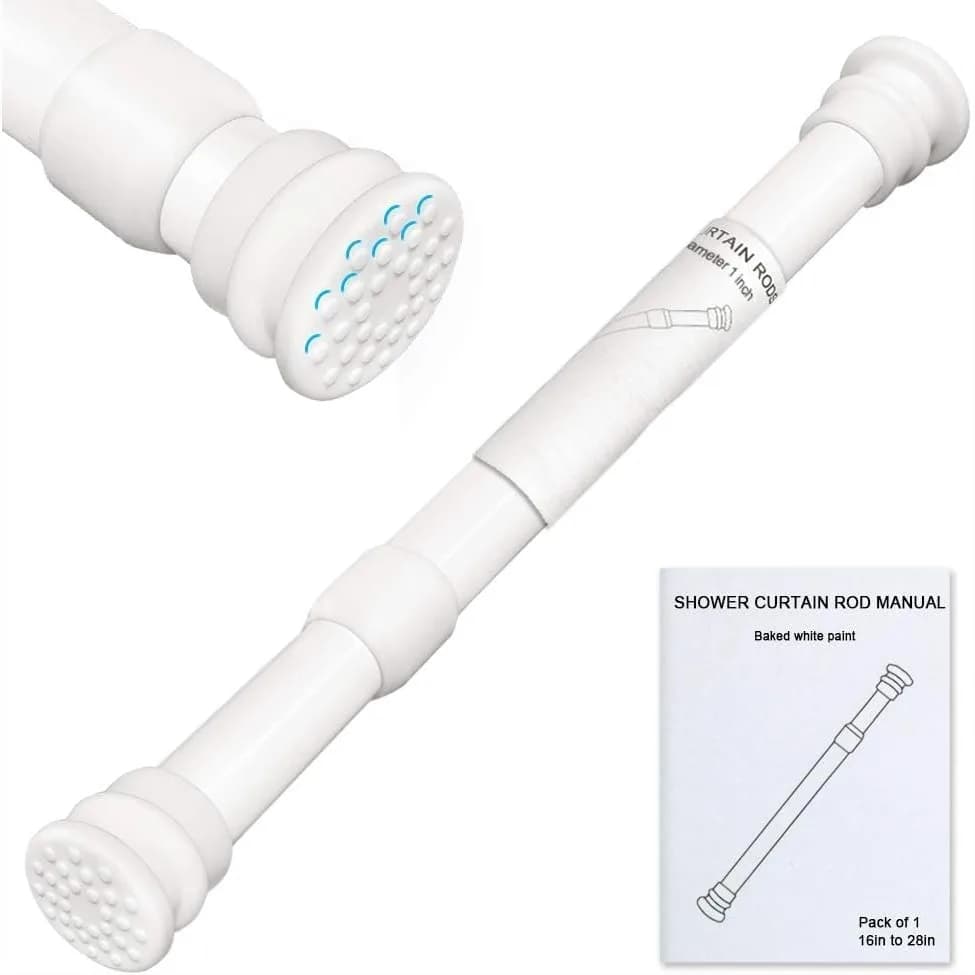 Small Tension Rod 16-28 inch Adjustable Spring Rod for Windows, Closet, Curtain, Doorway with 1 inch Diameter, White