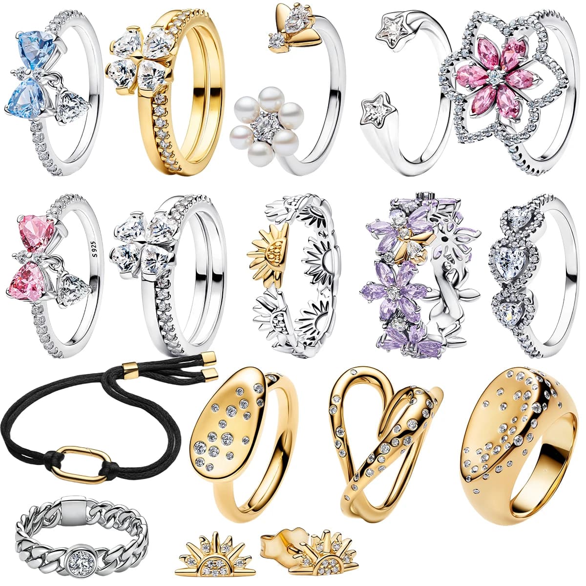 New 925 Sterling Silver Fashion Plate Pave Floral Bow Golden Butterfly Clover Band Rings Cord Bracelet Inlaid Gem Fine Jewelry
