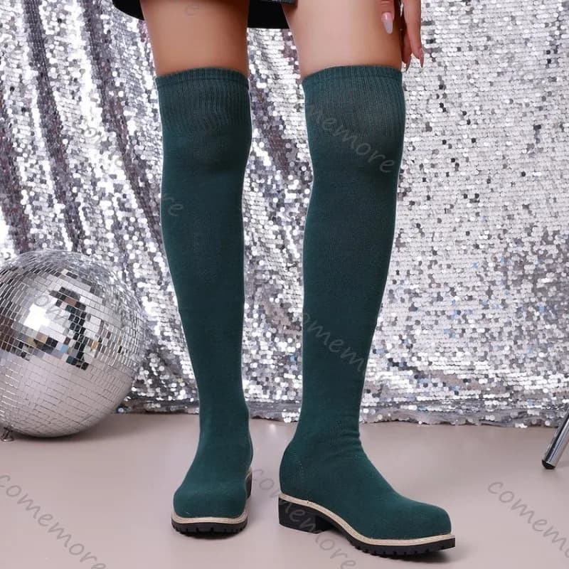 Comemore Stivali sopra il ginocchio Stivali lunghi da donna in maglia elastica Donna Tacco medio spesso Comfort Slip on Scarpe con calzino con plateau