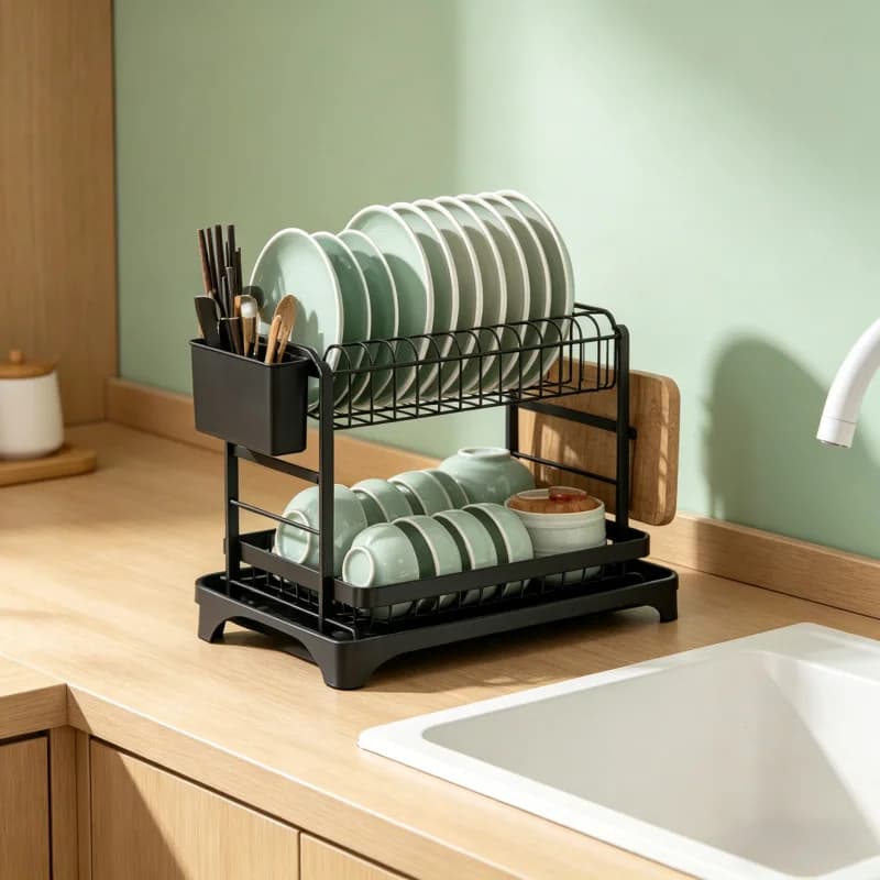 Scolapiatti a 2 livelli da cucina, organizer per ciotole e stoviglie con porta bacchette, coltelli, forchette e tazze, ripiano drenante