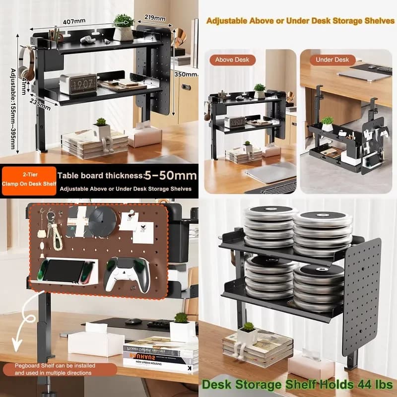 Clamp On Desk Pegboard with 16 inches Organizer Shelf, Adjustable Above or Under Desk Storage Shelf Holds 44 lbs Metal Peg