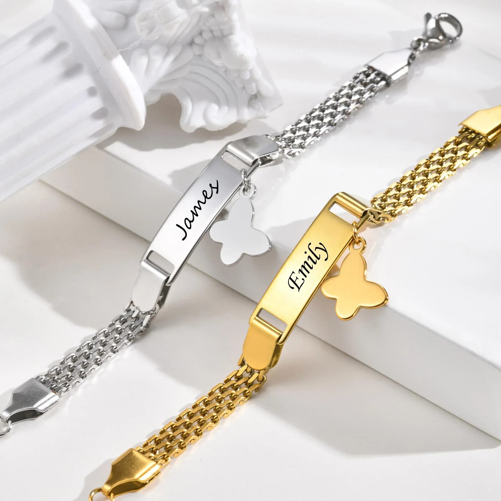 Vnox Bracciale per bambini personalizzato gratuito per ragazzi e ragazze, targhetta con testo in acciaio inossidabile, cinturino pendente con fiocco, gioielli con bracciale a catena