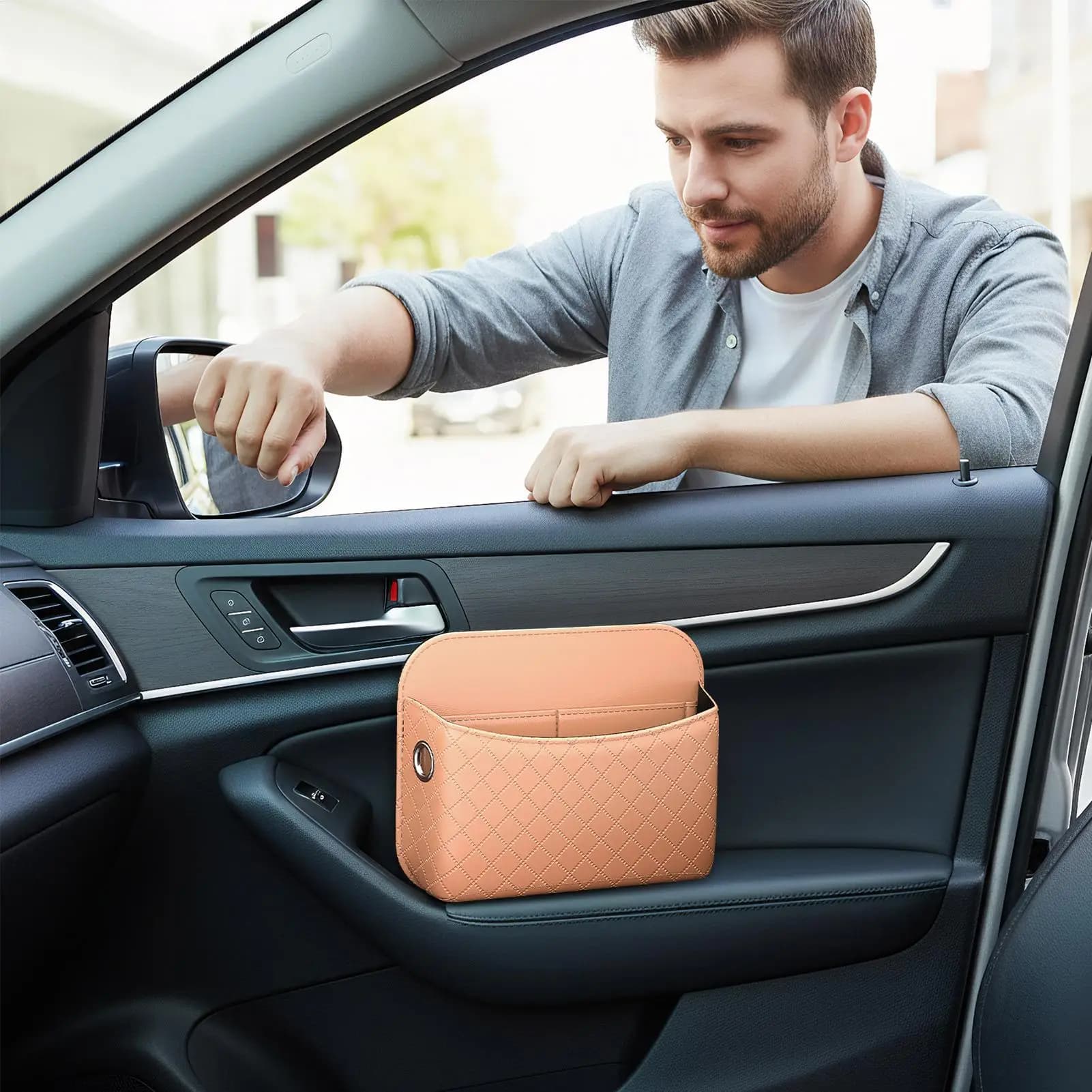 Organizzatore laterale per seggiolino auto Adesivo Scatola in pelle PU Tasca per seggiolino auto per porta interna del veicolo automobilistico Console Sedile posteriore anteriore Van