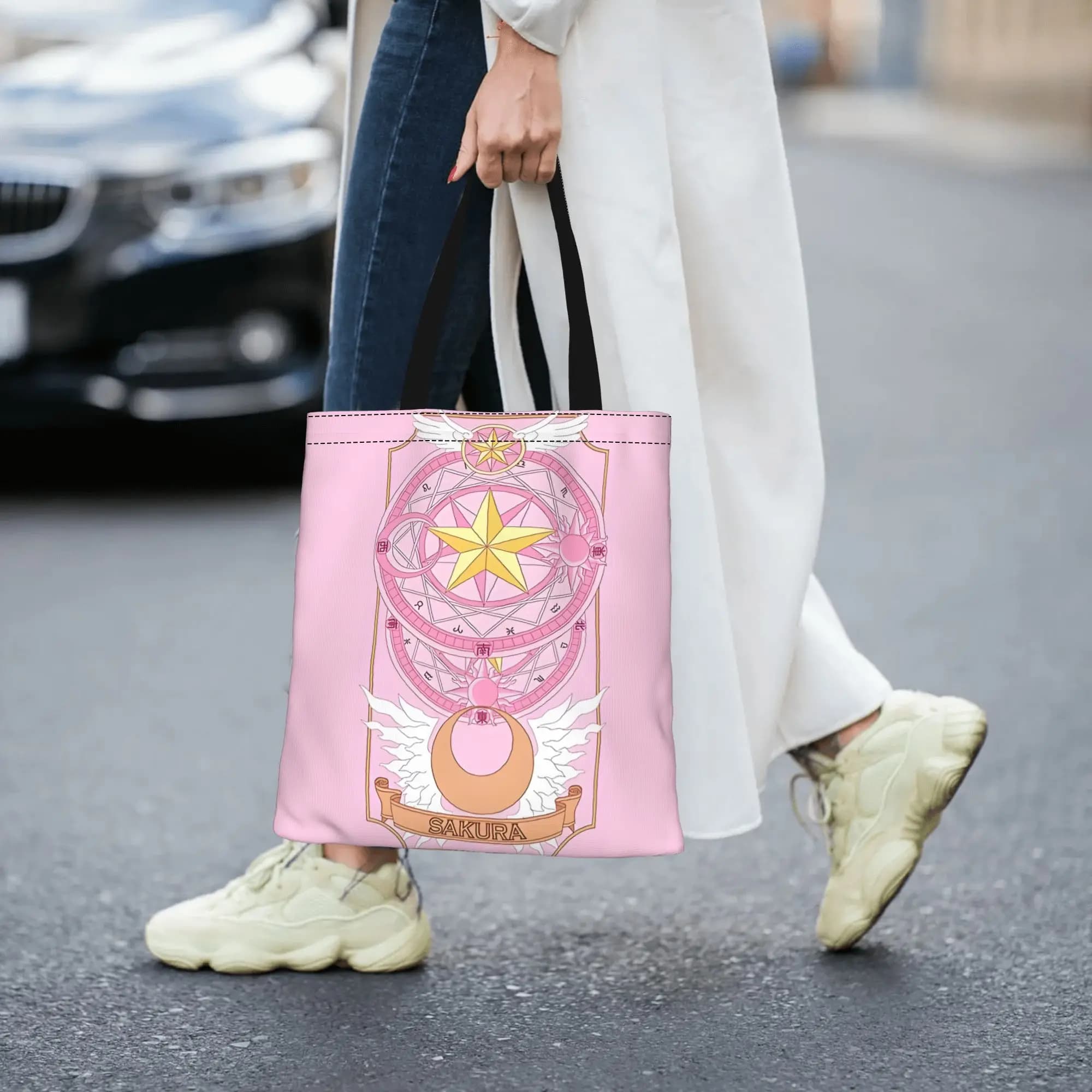Borsa da donna 2026 Cardcaptor Sakura Clow Card Tarot, borsa tote in tela riutilizzabile a doppio lato, borsa a tracolla Cardcaptor Sakura