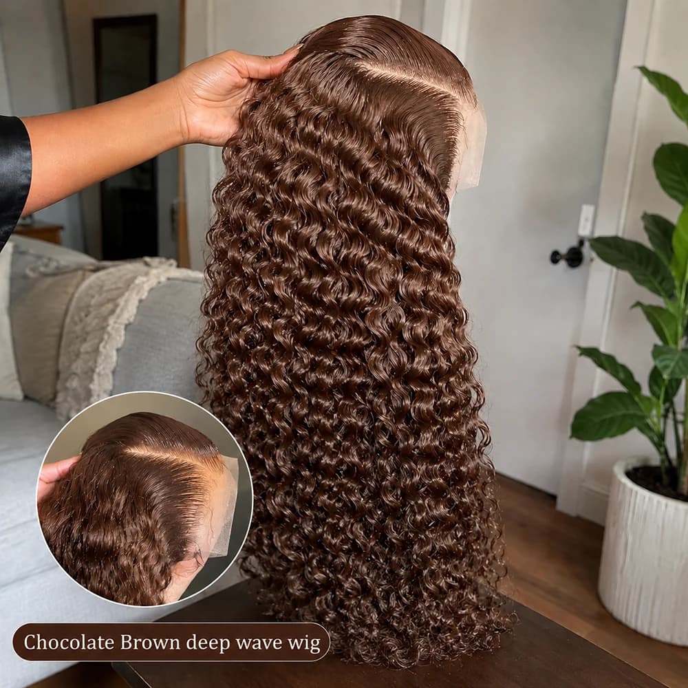 Chocolate Brown 13x6 Human Hair Wigs Hd Lace 36 38 Inch Deep Curly Brazilian Pre Plucked Colored Wigs Human Hair For Women