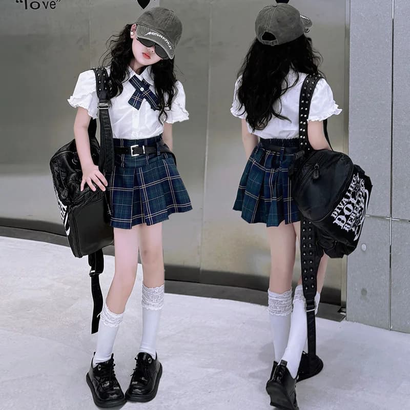 1pc 2026 new summer children set teenager Girls Clothes bow blouse shirt or checked JK pleated Skirt 4 8 10 12 Year japan korea