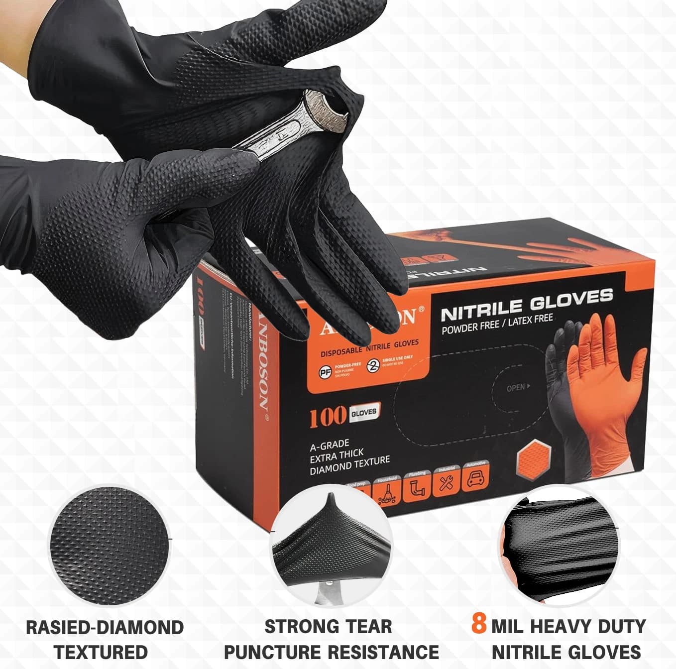 Guanti in Nitrile Nero Resistenti 8mil, Guanti Monouso Resistenti con Texture a Diamante, Senza Lattice, per Meccanici, Tatuatori, Autofficina