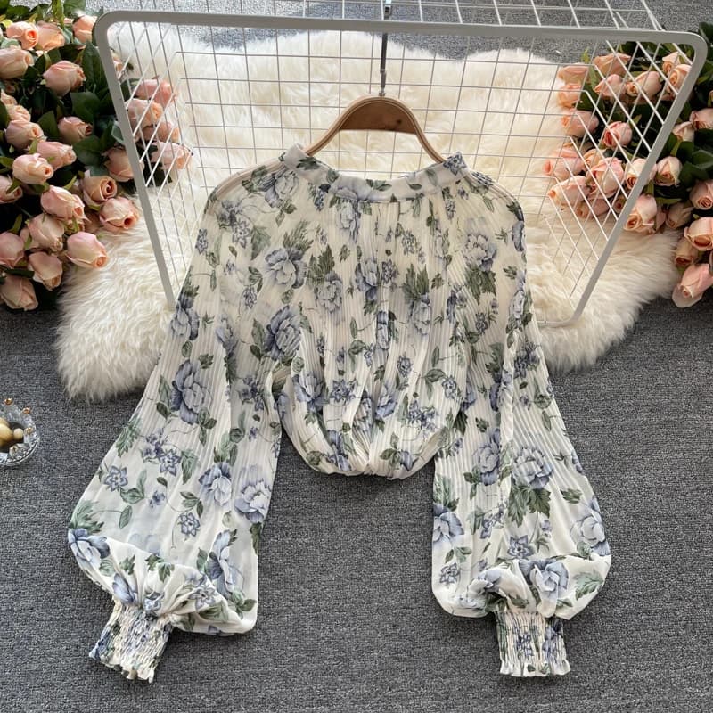 Camicetta Floreale in Chiffon da Donna con Colletto a Fiocco e Maniche a Sbuffo, Top Casual Estivo Stile Coreano Bohemien per Vacanze