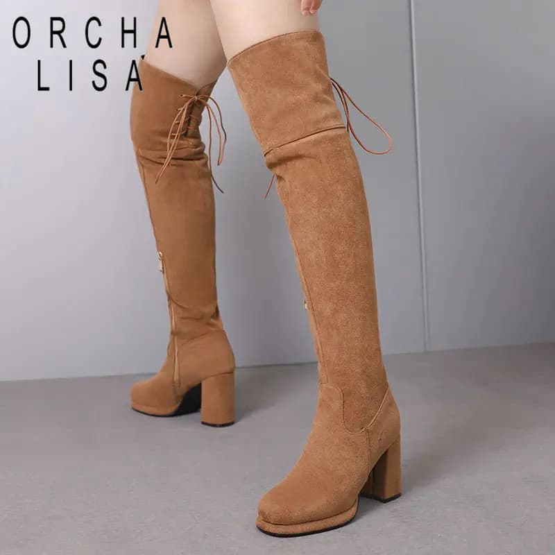 ORCHA LISA Flock Suede Thigh High Boots, Round Toe 8.5cm Chunky Heels with 1.5cm Platform, Side Zipper, Oversized Sizes 47-48