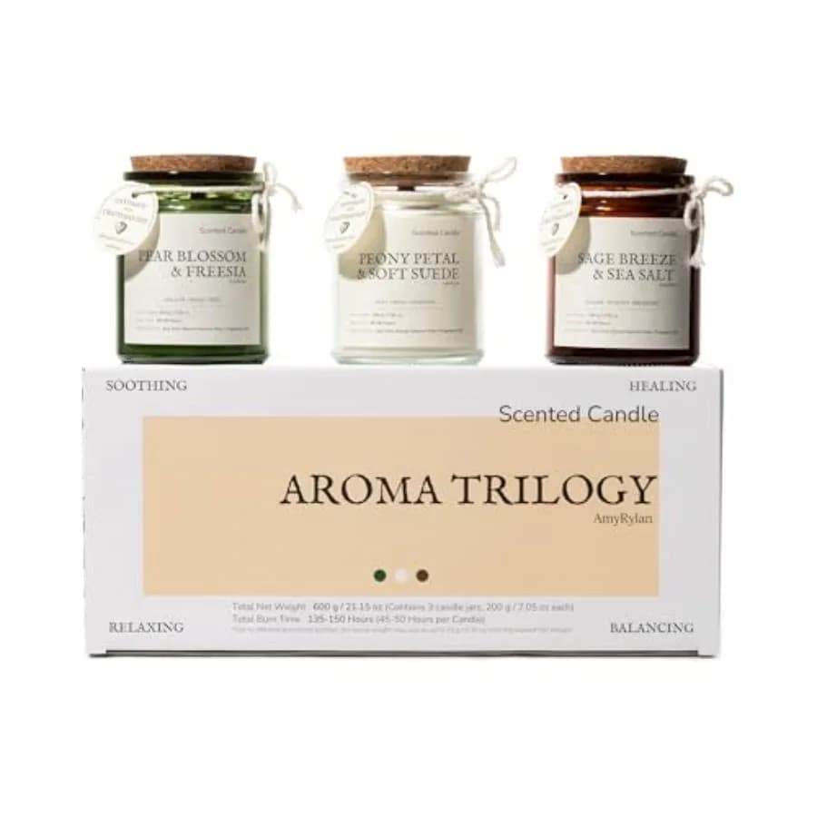 Set Regalo di 3 Candele Profumate in Cera di Soia Non Tossica per Donne, Candela da 21,15 oz con Stoppino in Legno per Casa, 135 Ore di Lunga Durata, Aromaterapia