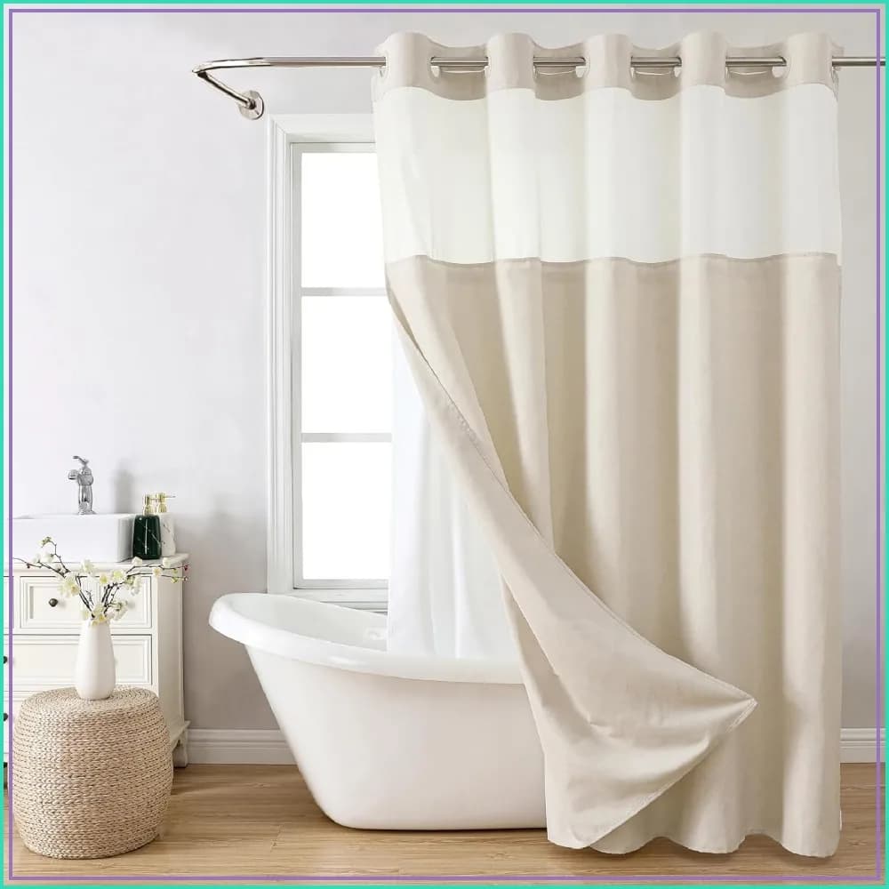 No Hooks Polyester Shower Curtain with Snap-In Liner, Hotel Luxury, Waterproof & Washable, 71x74, Cream