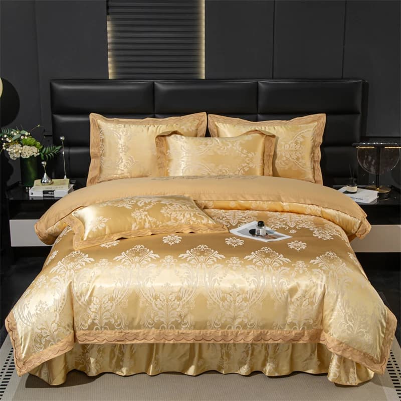 European Luxury Golden Satin Jacquard Cotton Bedding Set Floral Embroidery Duvet Cover Quilted Ruffle Bed Skirt Pillowcases 4Pcs