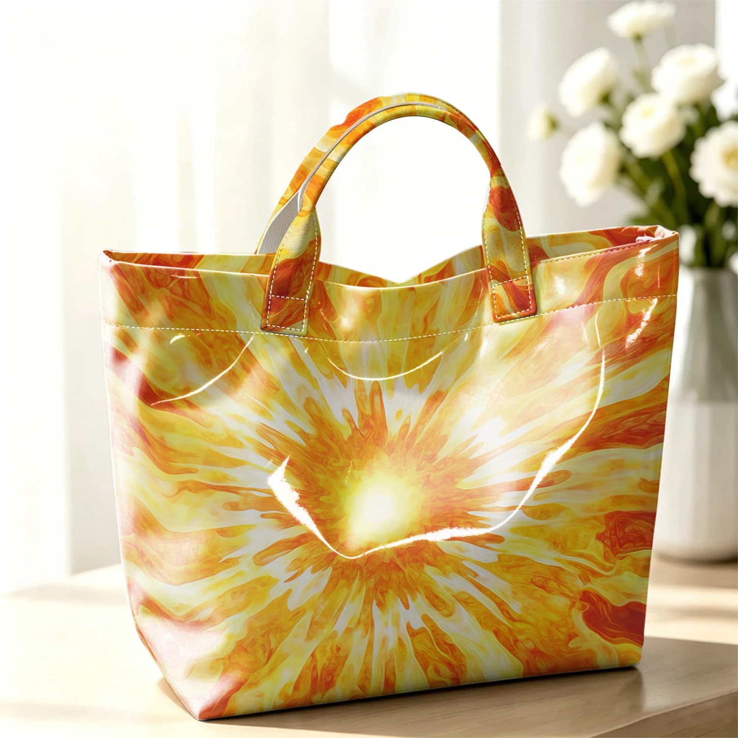 Liquid Sun Burst Fashion Large Glossy PVC Tote Bag Hand Washable Waterproof Perfect Travel Commute Cosmetic Storage Shopper