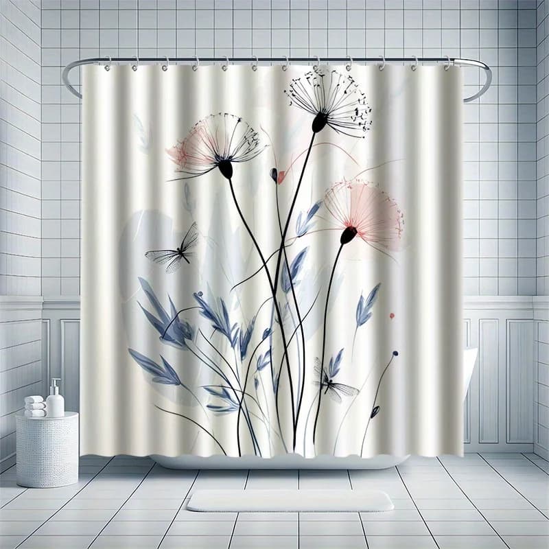 Set tenda da doccia per stagno d'inchiostro, stile loto cinese, minimalismo elegante, 12 ganci, poliestere, divisorio per vasca, arredamento bagno moderno
