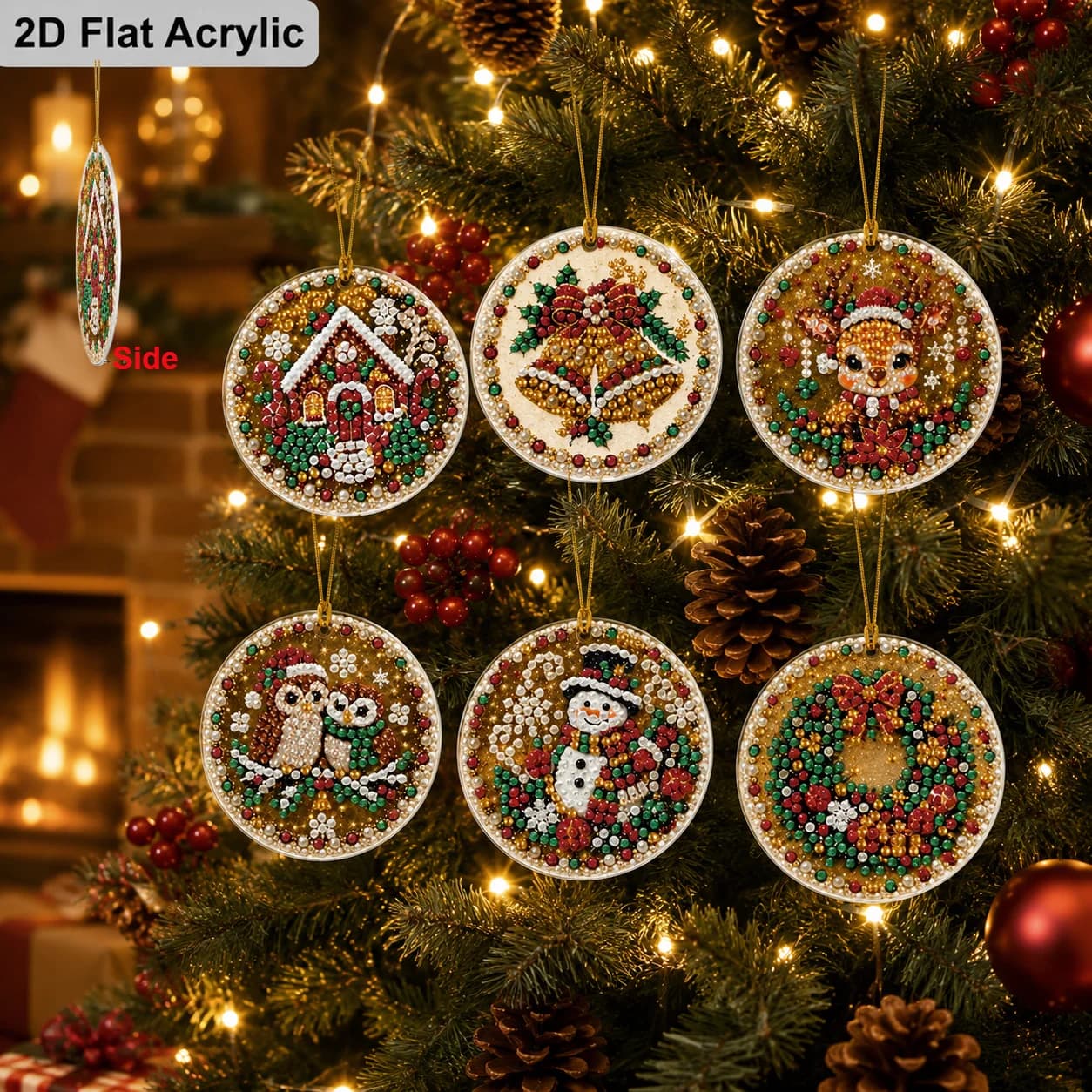 2D Flat, 6pcs DIY Christmas Diamond Painting Kit, Round Gingerbread House, Bell, Reindeer, Owl, Snowman, Wreath Special Shape
