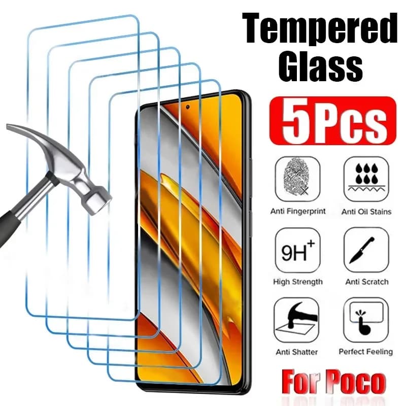 1-5Pcs HD Tempered Glass For Poco X6 X7 Pro F7 F6 M7 X5 Pro X3 NFC F3 Screen Protector For Poco X3 M6 M5 M5S C65 C75 M6 Plus X4