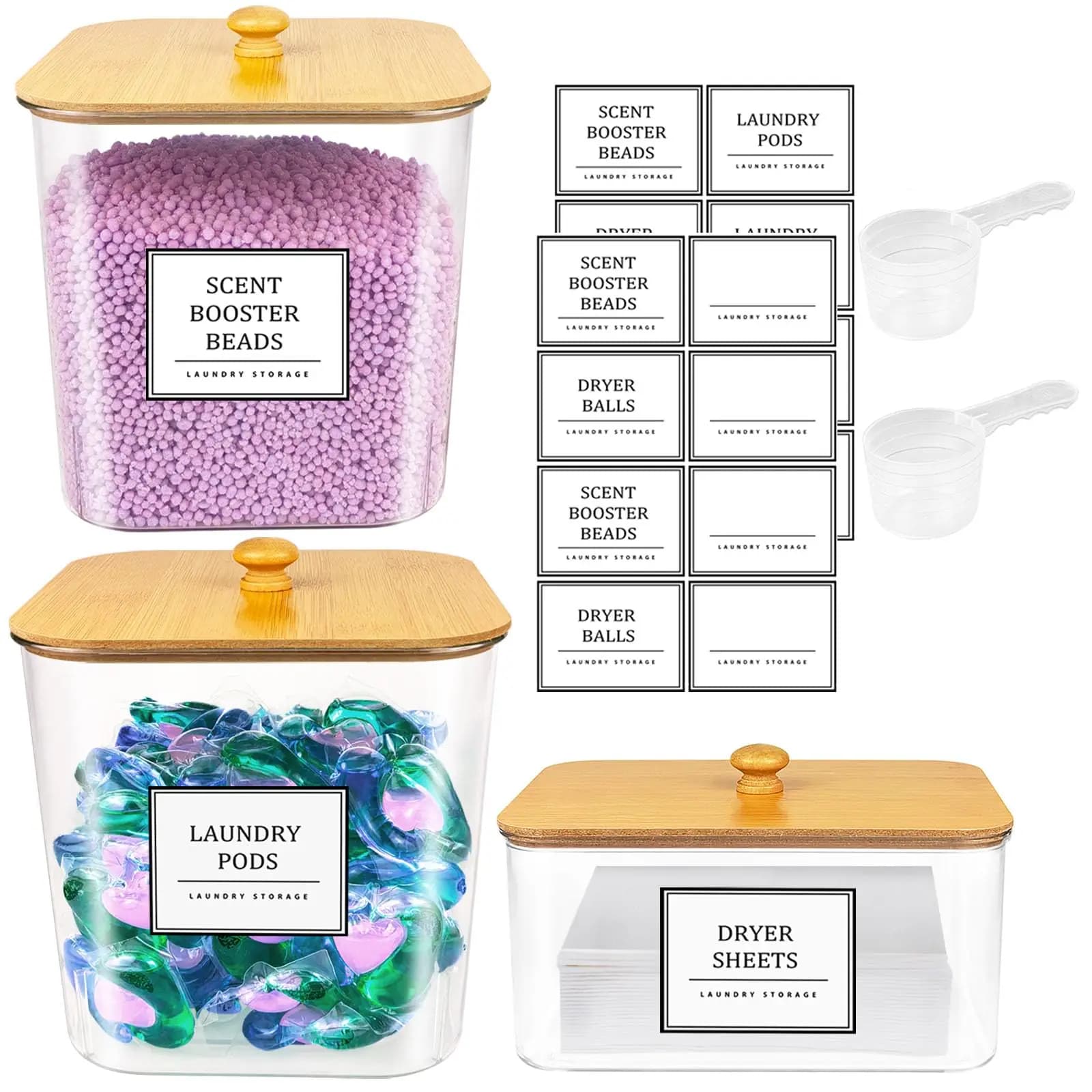 2+1 Pack Laundry Pods Storage Container, Clear Laundry Room Organization and Storage, Detergent Powder Container, with Wooden Lids & Labels