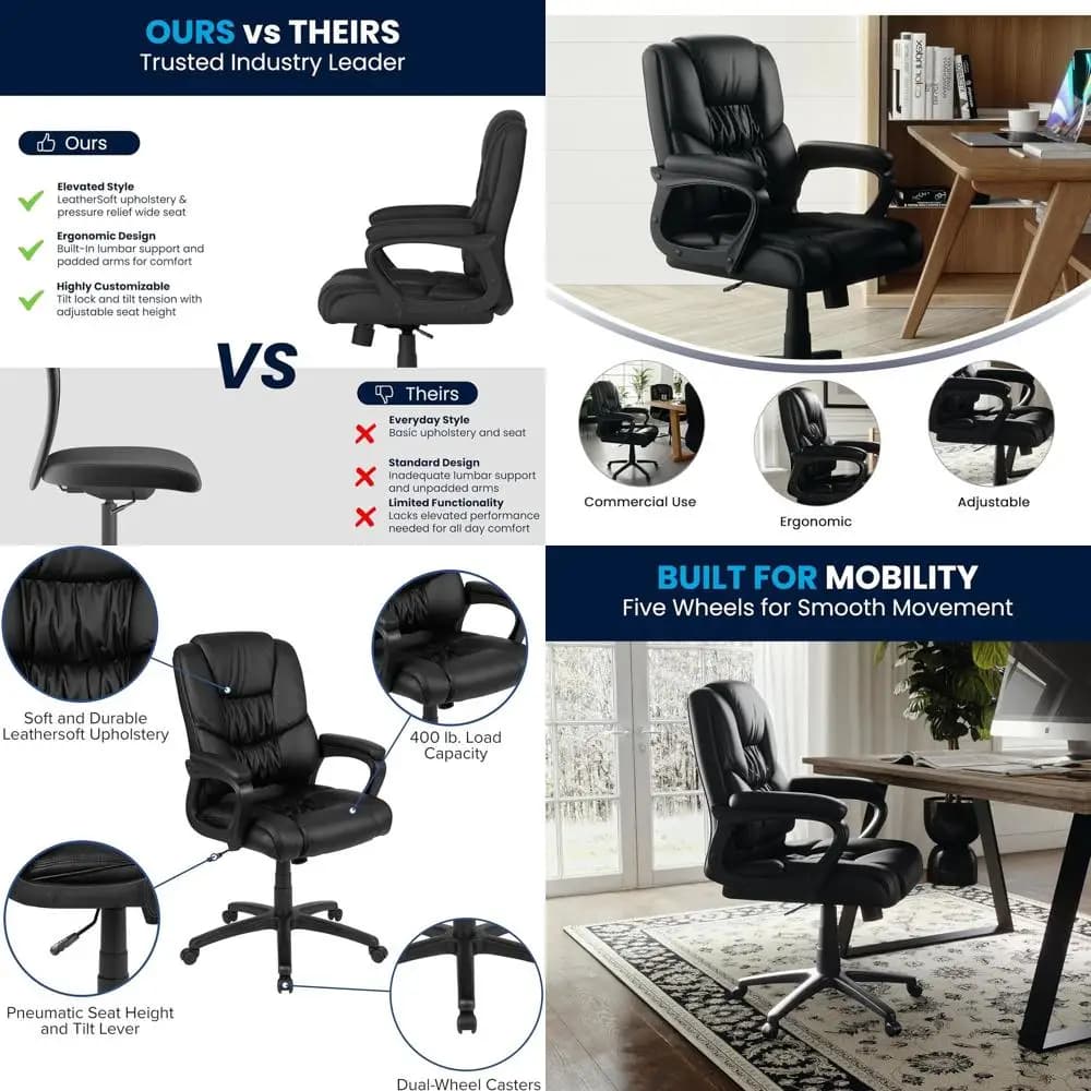 Sedia da ufficio e da gaming ergonomica girevole in pelle con braccioli imbottiti, altezza regolabile, nera