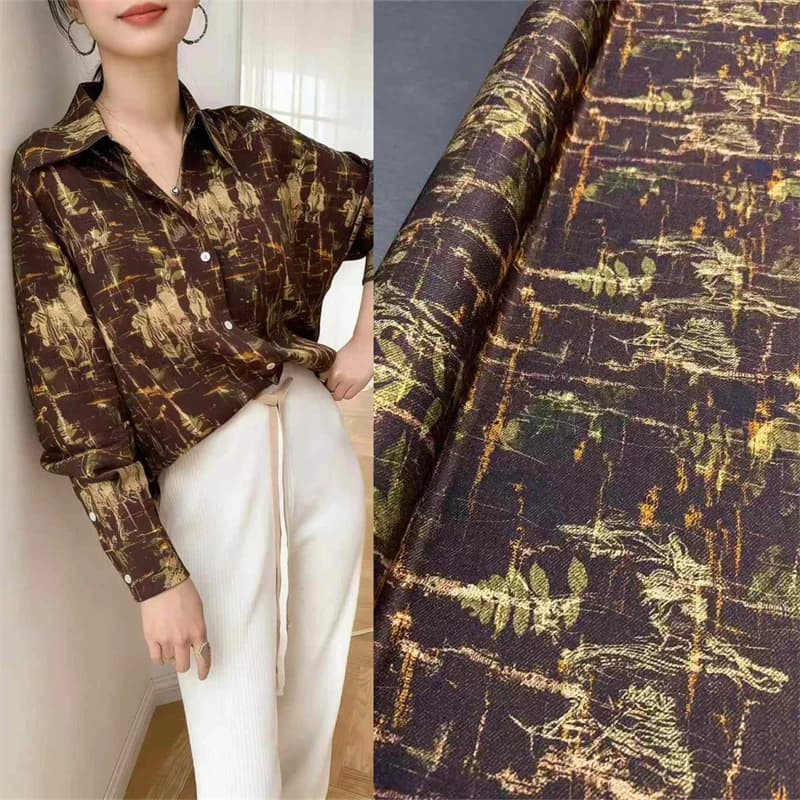Soft Skin-friendly Coffee Instant Success Printing Twill Satin High-end Handmade Sewing Clothing Fashion Brand Silk Fabric