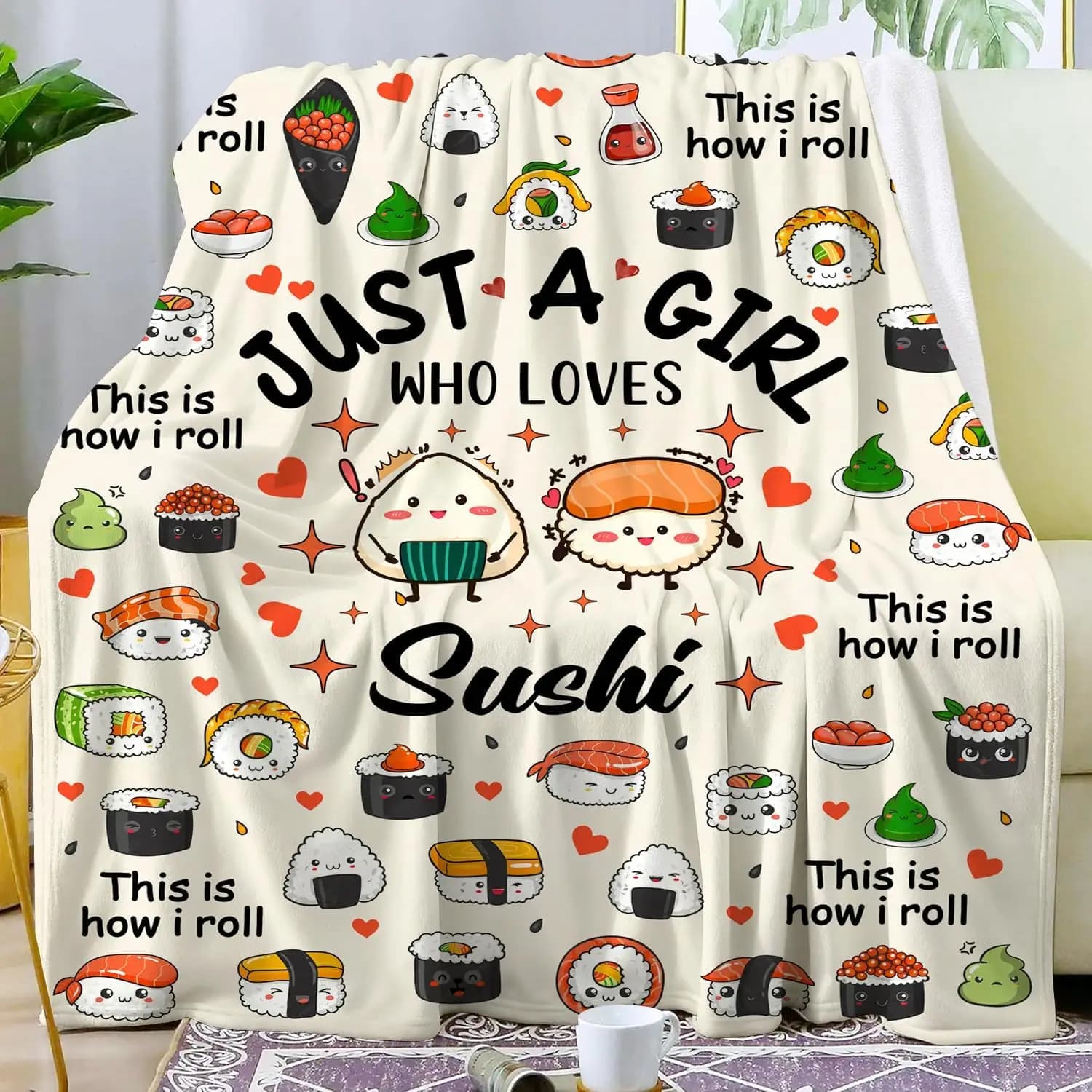 Divertenti coperte per sushi, regali per ragazze, bambini, amanti del cibo, sushi, peluche, coperte, flanella, carino, tema alimentare, coperta, camera, dormitorio