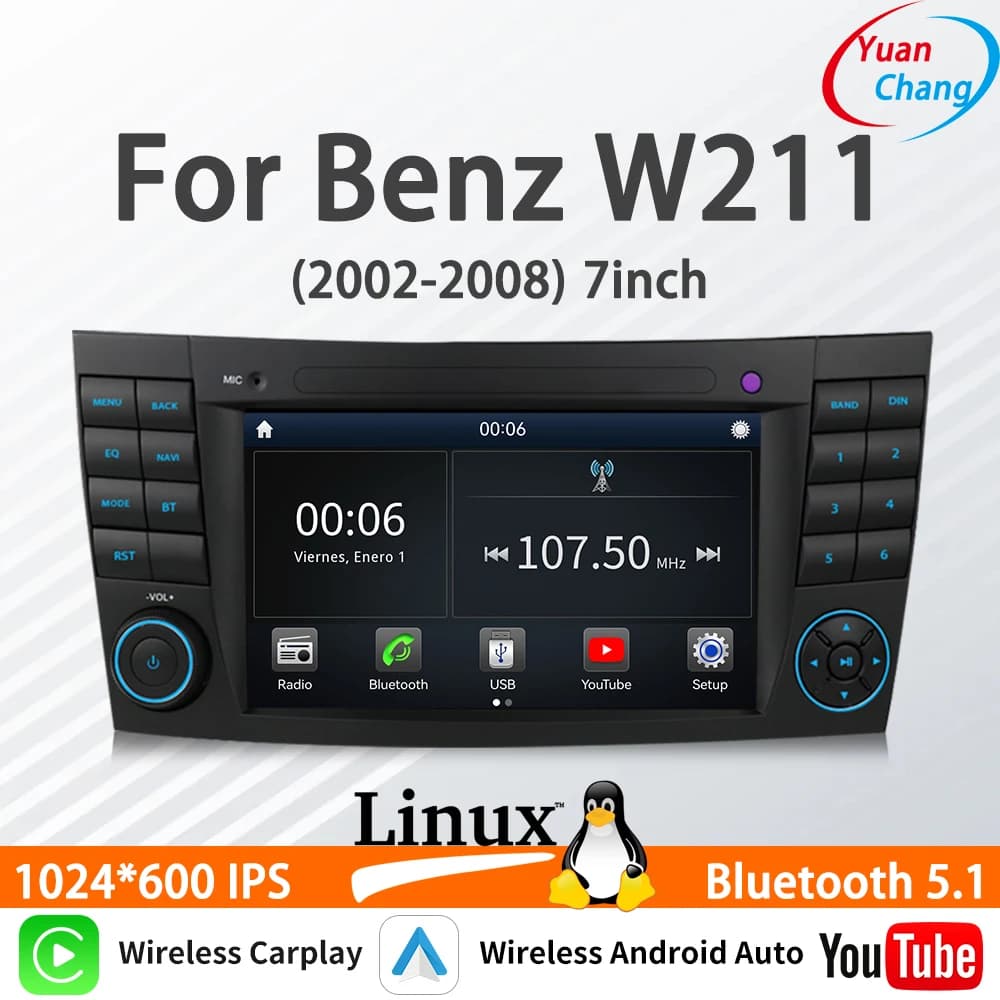 Adatto per Benz W211 (2002-2008) 7 pollici Nuovo Linux Car Stereo Wireless CarPlay Android Auto FM DSP Lettore multimediale Bluetooth