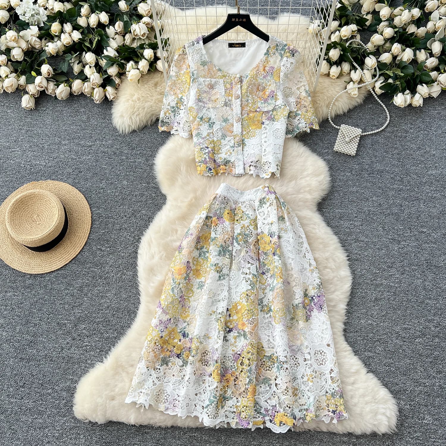 Set da due pezzi ricamati da donna elegante scava fuori all'uncinetto sexy crop top una linea gonne midi abiti 2 pezzi abiti lunghi in pizzo
