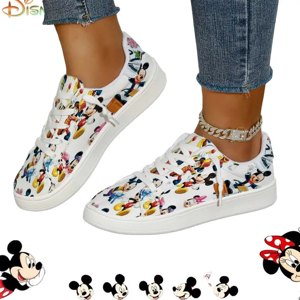 Sneakers bianche con lacci e stampa Disney Mickey Mouse per donna, comode scarpe casual