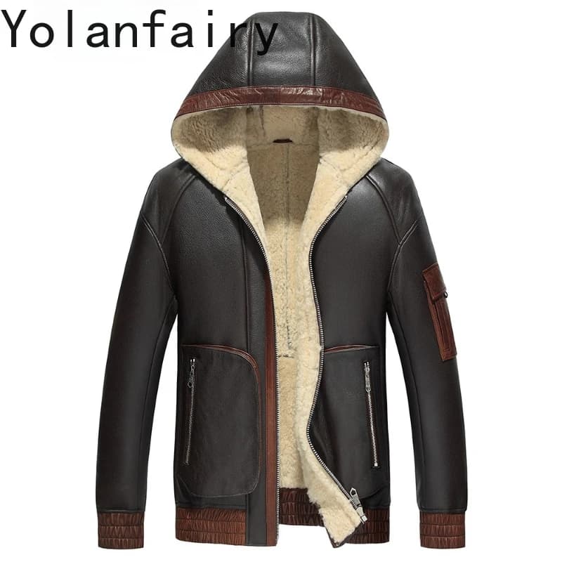 YOLANFAIRY Cappotto di pelliccia di lana naturale Uomo con cappuccio Moda invernale Vera pelle di pecora Giacche di pelle da uomo Cappotti da moto Giacca di pelliccia corta