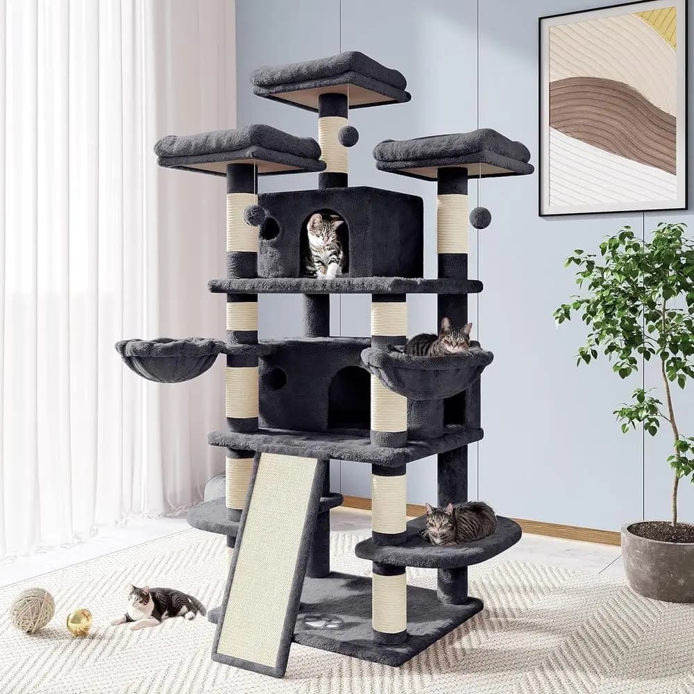Grande Albero per Gatti a 68 Livelli con Cuccia e Tiragraffi in Grigio Fumo